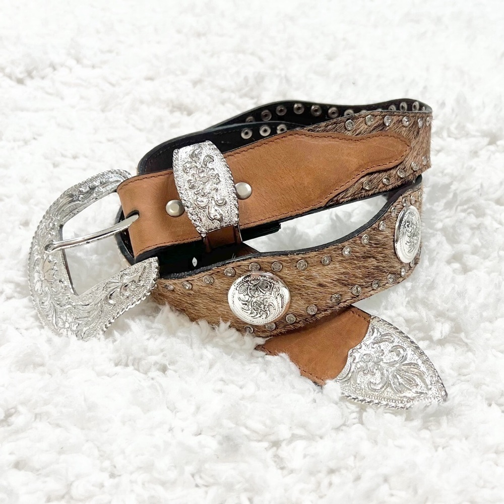 Nocona cow hide leather studded women’s western belt brown tan silver large